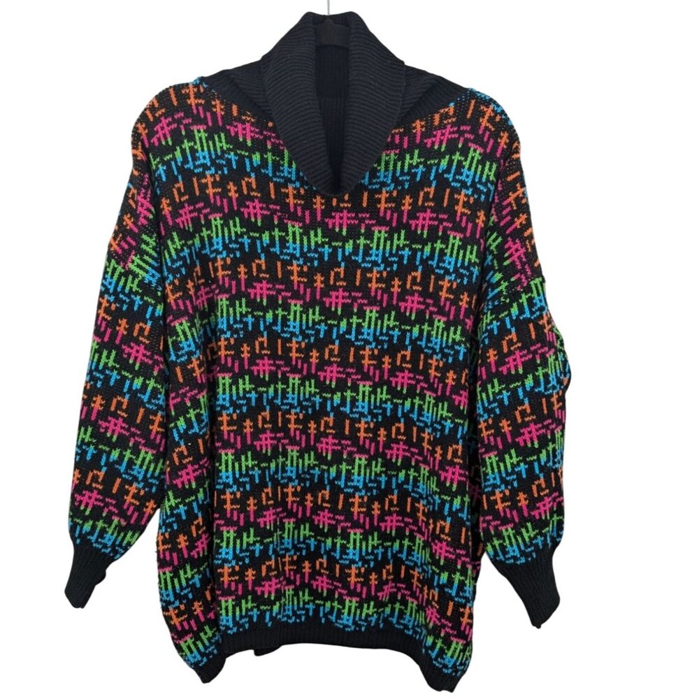 Vintage Stefano Neon Geometric Knit Sweater Women One Size Wool Blend Retro 80s